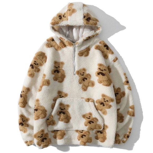 Aelfric Eden Sweaters - Aelfric Eden Sherpa Teddy Bear Hoodie Pullover White Brown Size Small